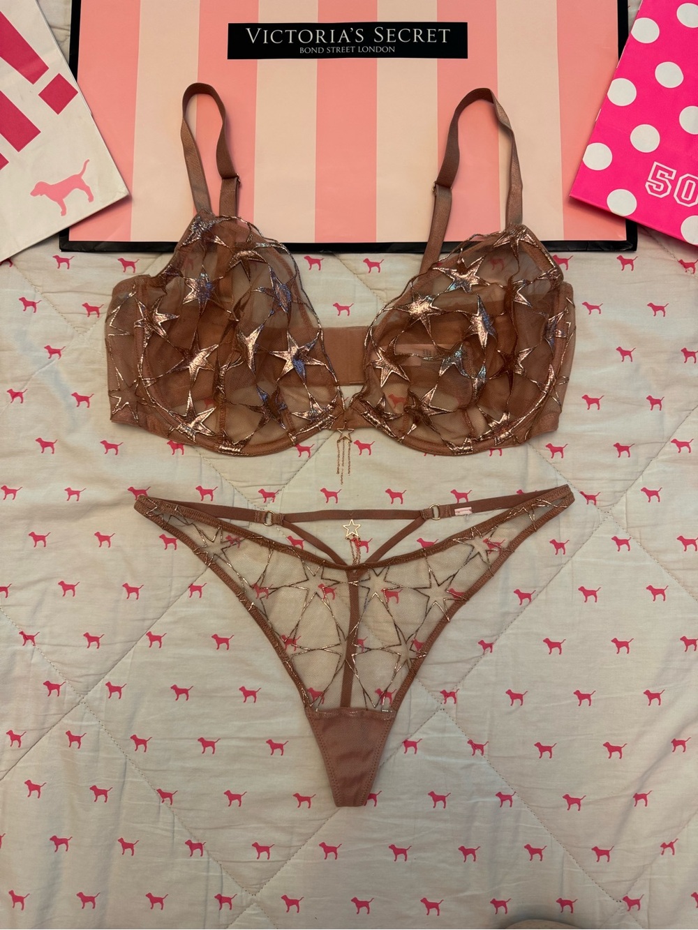VICTORIA’S SECRET VERY SEXY FASHION SHOW SET BRA & THONG STARDUST ROSE GOLD 38DD